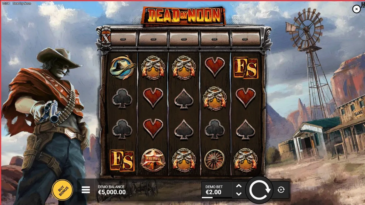 ภาพกราฟิกธีมคาวบอยและสัญลักษณ์ปืนในเกมสล็อต Dead By Noon